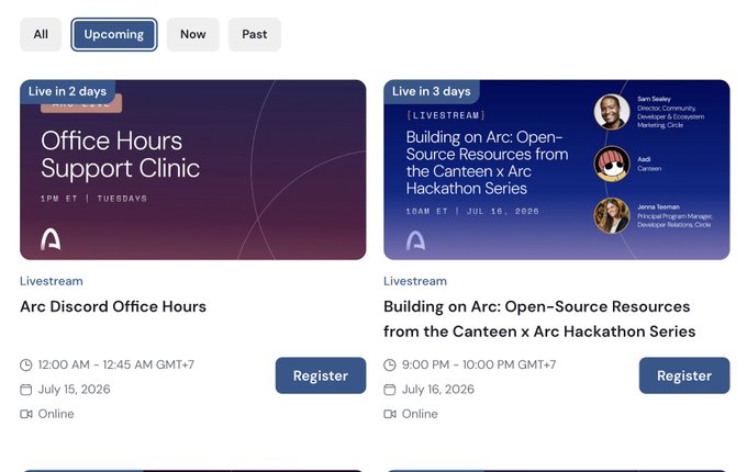 A screenshot of an event registration page showing two upcoming livestreams: 'Arc Discord Office Hours' on July 15, 2026, and 'Building on Arc: Open-Source Resources from the Canteen x Arc Hackathon Series' on July 16, 2026.