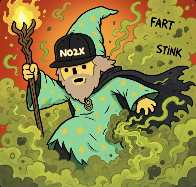 A cartoon wizard in a teal star-patterned robe and black 'NO2X' cap stands in green fumes labeled 'FART STINK,' holding a lit torch.