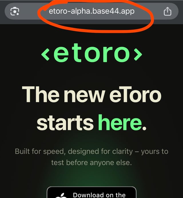 A screenshot of a webpage with the URL "etoro-alpha.base44.app" circled in red, showing the text "The new eToro starts here." and an App Store download button.
