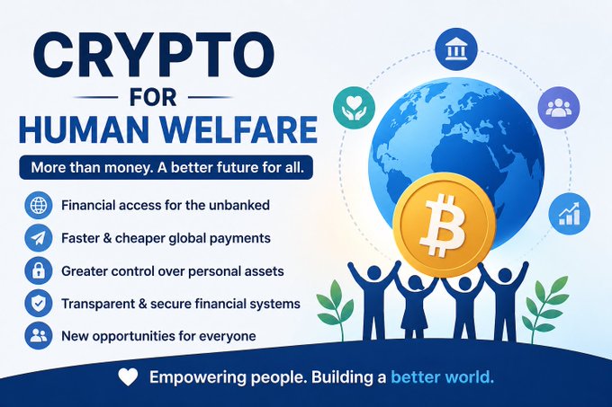 An infographic titled 'CRYPTO FOR HUMAN WELFARE' with the subtitle 'More than money. A better future for all' highlights benefits including financial access, faster payments, and transparency, featuring a Bitcoin symbol on a globe with diverse figures.