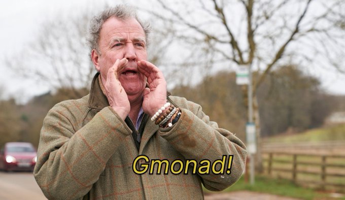 The image features a man wearing a plaid jacket, with his mouth open as if he's shouting or speaking into a microphone. He has white hair and is standing next to a fence. The background of the photo shows trees and cars passing by on a road. There are also some text elements in the image that read "algo please release this gmonad" and "focus on what is in the image".