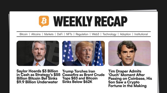 This image is a "Weekly Recap" of news related to Bitcoin, featuring Michael Saylor hoarding $3 billion, Donald Trump's impact on Iran and oil prices, and Tim Draper's regret over passing on Coinbase. The image directly illustrates the topics mentioned in the accompanying post.