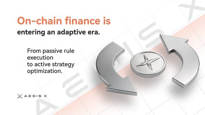 The visual shows a promotional graphic for "AegisX" featuring metallic circular arrows encircling a coin-like emblem with a star design, alongside the headline "On-chain finance is entering an adaptive era" and the subtext "From passive rule execution to active strategy optimization." The rotational arrow imagery visually reinforces the post's message about on-chain finance shifting from static execution toward dynamic, responsive infrastructure that continuously adapts to evolving market conditions.