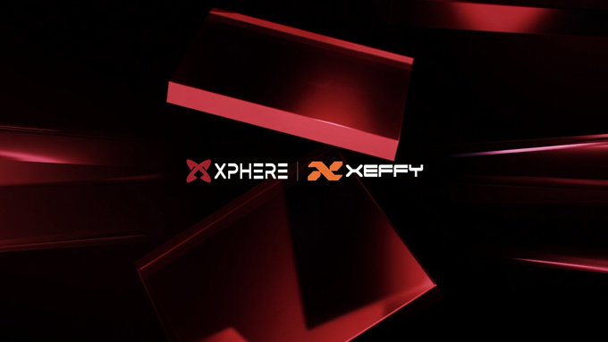 The image features a dark, dramatic background with red illuminated geometric shapes, prominently displaying the logos "XPHERE" and "XEFFY" in the center. This visual aligns with the post about the Xphere project and its dual-chain architecture, using striking red and black tones to convey the technological and innovative nature of the platform being discussed.