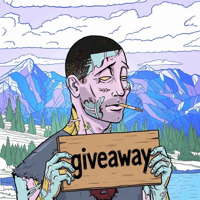 An illustration of a zombie-like man smoking a cigarette and holding a wooden sign that says 'giveaway,' set against a backdrop of mountains and clouds.