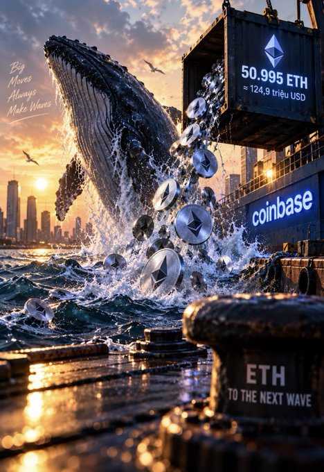 A digital artwork showing a large whale breaching near a shipping container labeled '50.995 ETH ≈ 124.9 triệu USD' with Ethereum coins falling out, alongside a 'coinbase' sign and text reading 'ETH TO THE NEXT WAVE' and 'Big Waves Always Make Waves'.