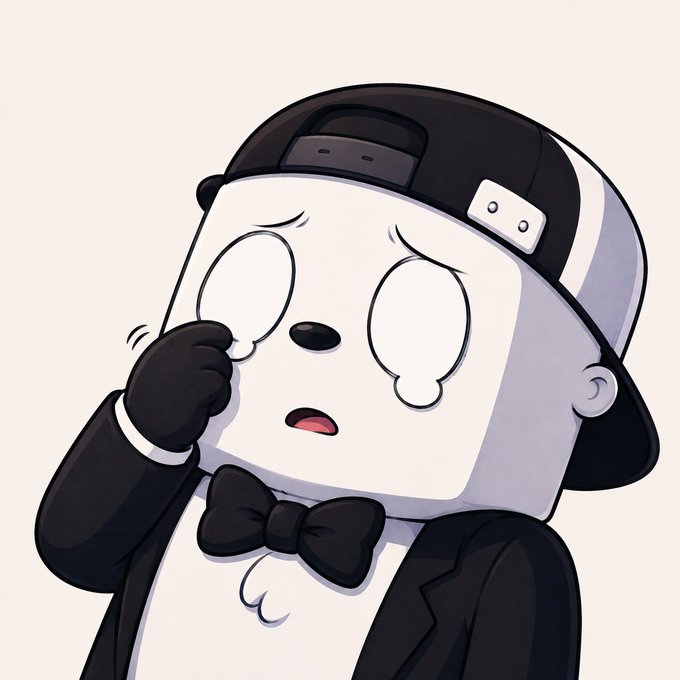 A cartoon illustration of a cute white character wearing a backwards black cap and bow tie, appearing emotional with tears in its eyes while wiping them away.