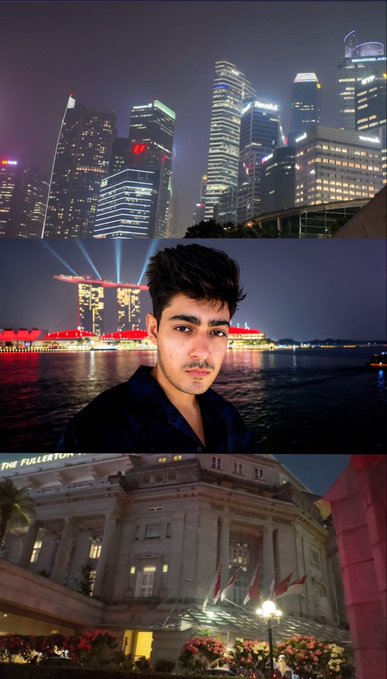 A collage of three photos featuring the Singapore skyline at night, a young man with the Marina Bay Sands in the background, and the Fullerton Hotel.