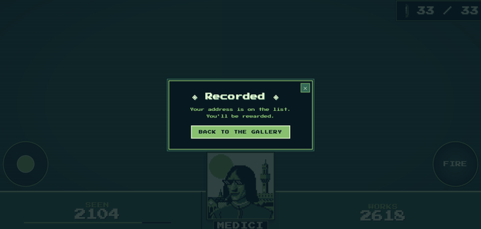 A dark game interface displays a "Recorded" pop-up confirming "Your address is on the list. You'll be rewarded," with a green "BACK TO THE GALLERY" button. The screen shows a counter of 33/33 in the top right, and below the pop-up is a Medici NFT portrait featuring a woman with glasses, alongside stats reading "SEEN 2104" and "WORKS 2618," celebrating the completion of the 33-coin maze challenge mentioned in the post.
