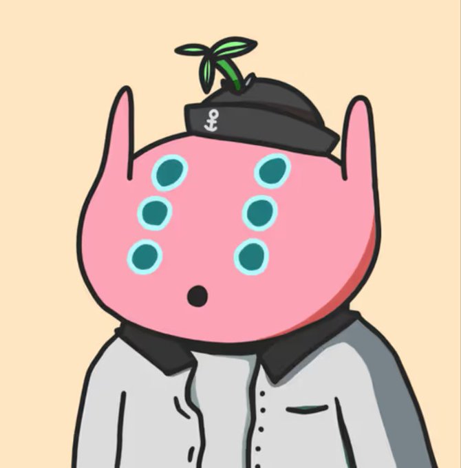A simple cartoon illustration of a pink, round-headed character with horns and six teal spots on its face, wearing a sailor-style hat with a green sprout and a light grey shirt.