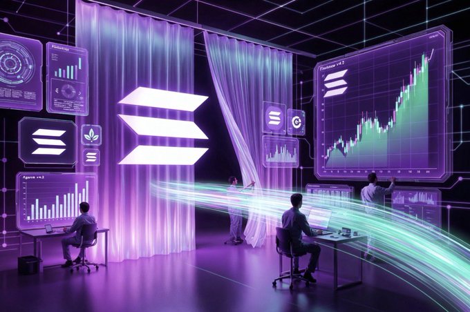 A digital illustration of people working at desks in a futuristic, neon-lit environment with the Solana logo and floating financial charts.