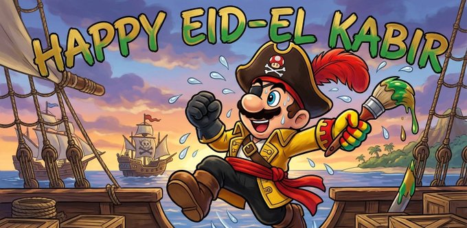 The image features a cartoon character dressed as a pirate with a red bandana, holding a paintbrush and walking across a ship deck. The background shows a beautiful sunset over the ocean. Below the pirate character, there's text that reads "Happy Eid-el-Khabir" in green letters. In the bottom right corner of the image, there is also some text that says "@wallchain has introduced a new system to improve the value of creators."