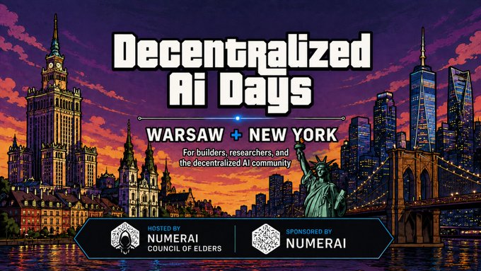 A promotional banner for 'Decentralized AI Days' in Warsaw + New York, hosted by Numerai Council of Elders and sponsored by Numerai, featuring cityscapes.