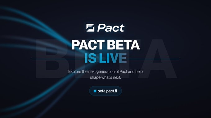 The image features a banner with blue lines that reads "PACT beta is live", indicating that the beta version of PACT beta has been released, and users can now access its features. The background of the image is black, which contrasts with the white text on the banner. The caption below the banner states that the project is focused on supporting projects related to Algo family, specifically those involving the use of the blockchain technology.