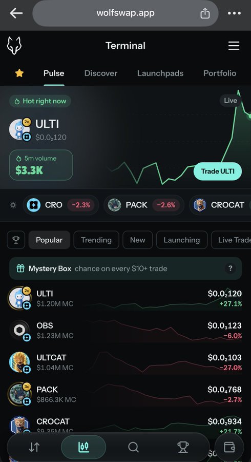 A mobile screenshot of wolfswap.app's Terminal showing cryptocurrency listings including ULTI ($0.0120), CRO, PACK, and CROCAT with their market caps and price changes.