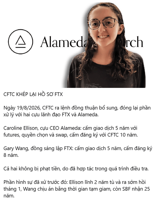 A news article in Vietnamese about CFTC charging FTX founders, with a photo of a smiling woman with glasses and the 'Alameda Research' logo.