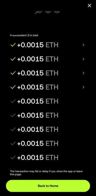 A mobile screen displays a transaction history showing 4 successful out of 9 total Ethereum transfers, each of +0.0015 ETH, with the context noting OKX's multisender feature for batch crypto transactions. The bright green "Back to Home" button at the bottom reinforces this is from the OKX app interface.