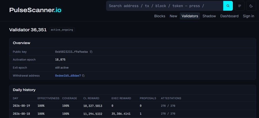 A screenshot from PulseScanner.io showing detailed validator information for Validator 36,351, including its public key (0xb5823233..f9a9aeba), activation epoch (18,875), status as 'active_ongoing', and daily history with CL and EXEC rewards.