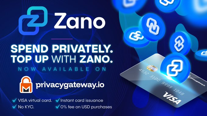 The image features a banner or poster for Zano, which has various coins displayed against a blue background. The banner includes text that encourages users to spend their money privately by purchasing and linking a virtual currency with Zano. This virtual currency can then be used to pay for things like US dollars at no cost.