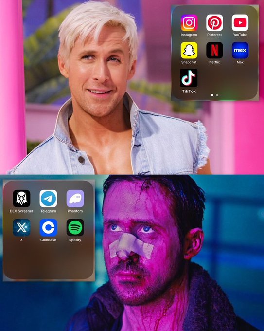 A collage showing two men — one with platinum blonde hair in a denim vest above social media app icons (Instagram, Pinterest, YouTube, Snapchat, Netflix, Max, TikTok), and another with a bandaged nose and bloodshot eyes below icons for DEX Screener, Telegram, Phantom, X, Coinbase, and Spotify.