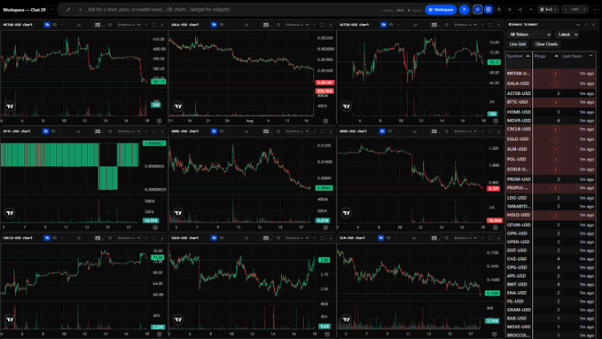 A dark-themed financial dashboard displays multiple stock and crypto charts with various tickers such as MSTR-USD, IBIT-USD, and HIMS in a watchlist on the right side.