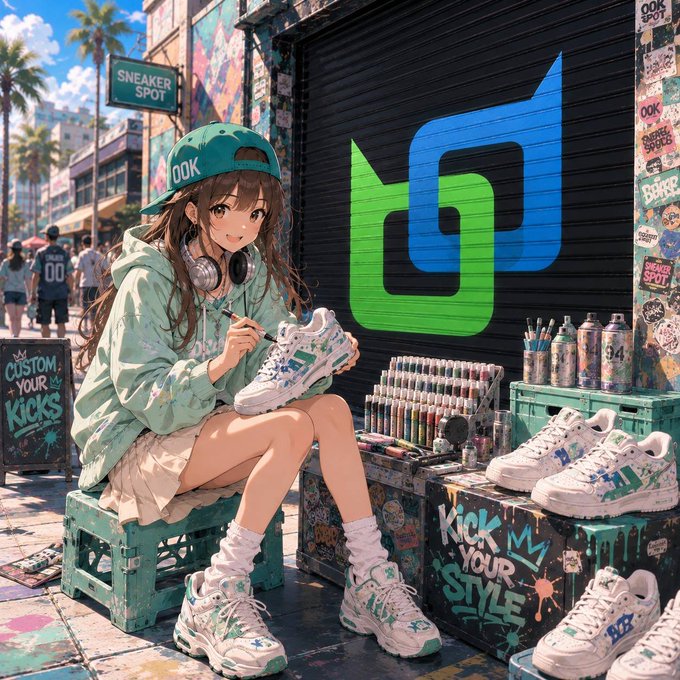 An anime-style illustration shows a girl in a teal cap customizing sneakers at an outdoor 'Sneaker Spot' with graffiti-covered walls.