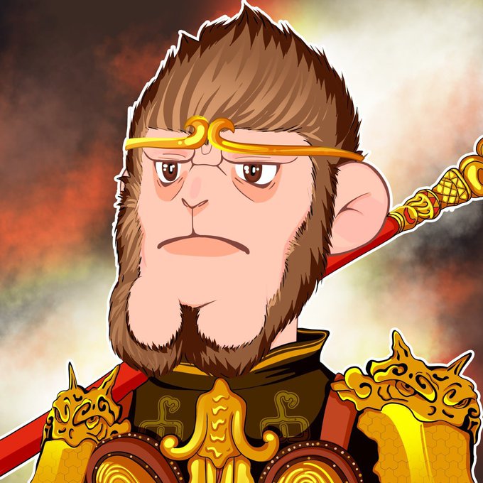 An anime-style illustration of a monkey warrior wearing golden headbands and carrying a staff, dressed in ornate red and gold armor.