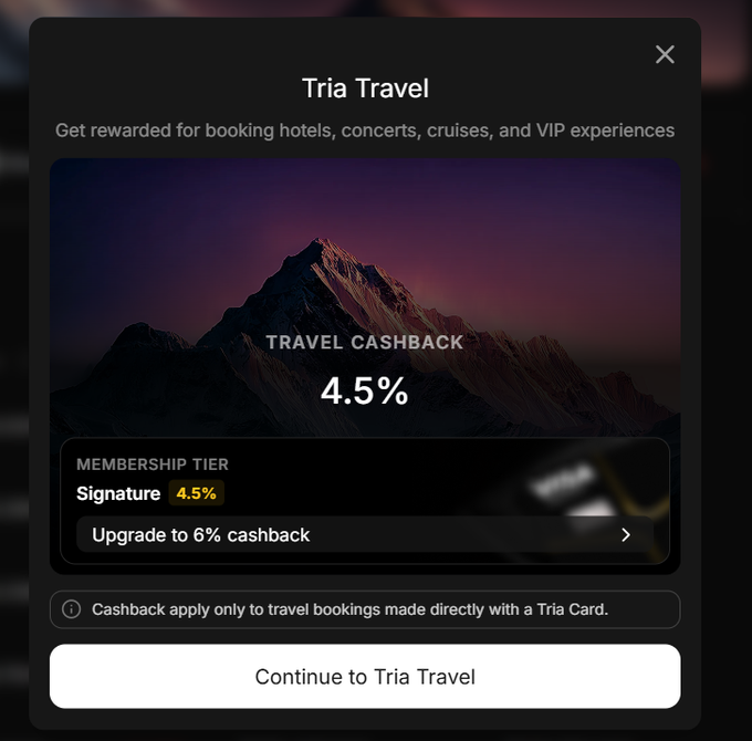 The image shows a travel booking page that has been updated, allowing users to apply for a Tria Card. The post explains that the waitlist is now accepting account set up, and users can still apply for a Tria card by providing their email address or phone number. The post also mentions that there are rewards and cashback options available for travel bookings made with the Tria Card.