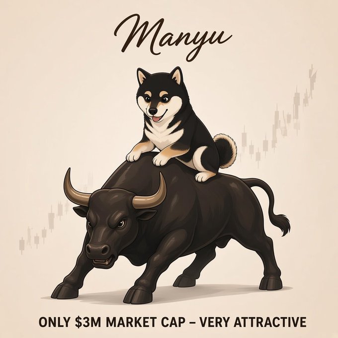 A Shiba Inu dog perched atop a charging black bull appears below the stylized "Manyu" title, with the caption "ONLY $3M MARKET CAP – VERY ATTRACTIVE" at the bottom. The illustration ties directly to the $MANYU token mention, using the bullish bull imagery as a visual metaphor for the token's low-cap growth potential.