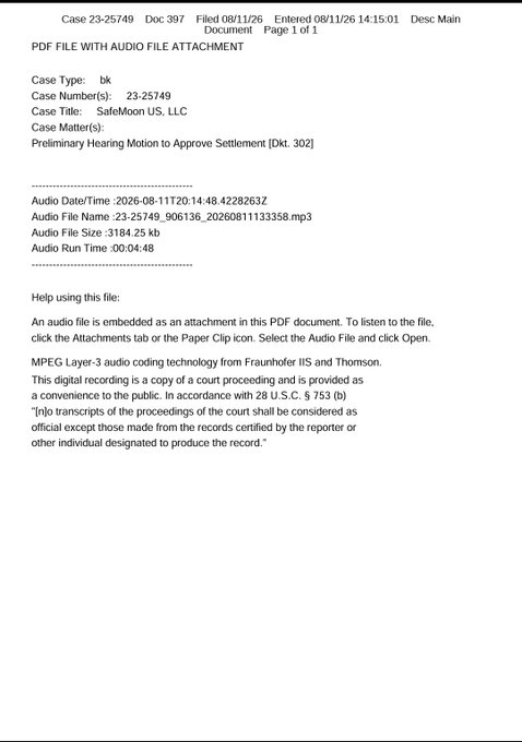 A court document PDF titled 'PDF FILE WITH AUDIO FILE ATTACHMENT' for Case 23-25749 SafeMoon US, LLC, regarding a Preliminary Hearing Motion to Approve Settlement, with an embedded MP3 audio file.
