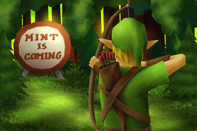 A green-clad archer resembling Link from Zelda aims an arrow toward a circular target in a forest, with a sign reading "MINT IS COMING." The image humorously riffs on the post's crypto announcement, using the fantasy archer imagery to playfully suggest a "mint" (likely an NFT drop) is about to be launched on Robinhood.