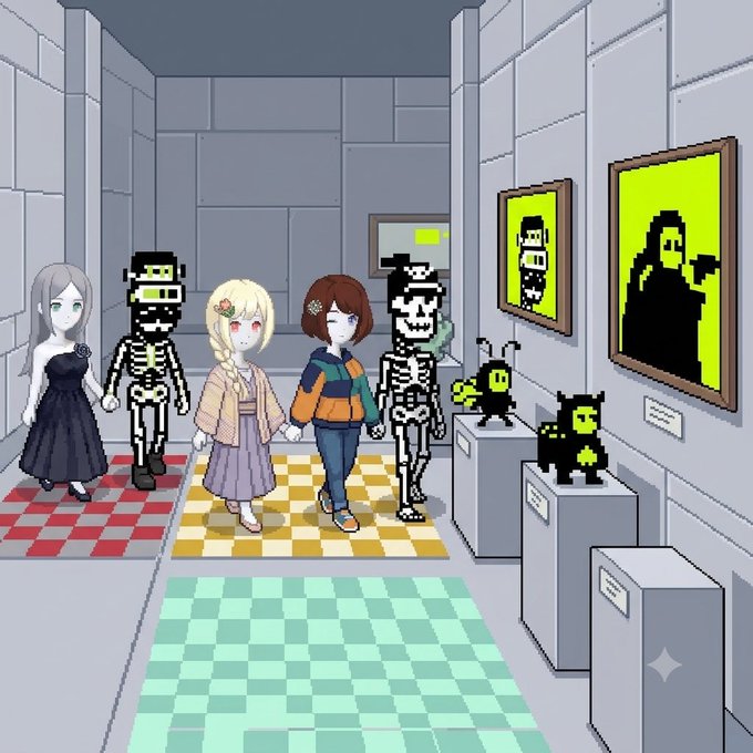 A pixel art gallery scene featuring anime-style characters walking alongside skeleton figures, with green portal-like paintings and cat sculptures on display pedestals.