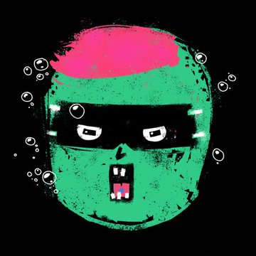A digital illustration of a green, zombie-like face with pink hair, a black domino mask, and an exposed lower set of teeth surrounded by bubbles against a black background.