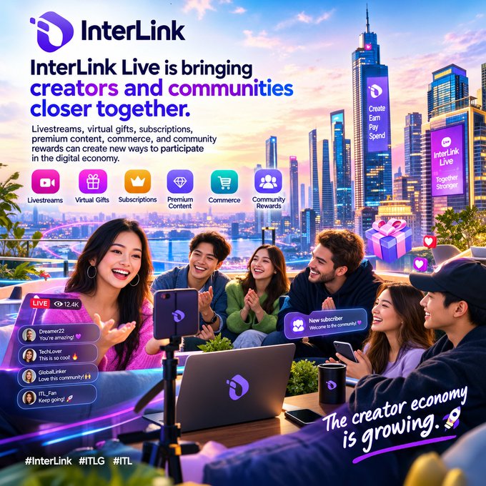 An advertisement for InterLink Live, a platform bringing creators and communities closer together, featuring a group of friends livestreaming with features like Livestreams, Virtual Gifts, Subscriptions, Premium Content, Commerce, and Community Rewards.