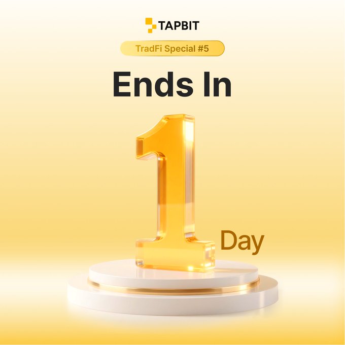 A promotional countdown graphic for Tapbit's "TradFi Special #5" event, featuring a large golden 3D "1" on a podium against a warm yellow gradient background, indicating the event ends in 1 day. The branding "TAPBIT" is visible at the top, emphasizing urgency as the final day to join the TradFi 5 event approaches.