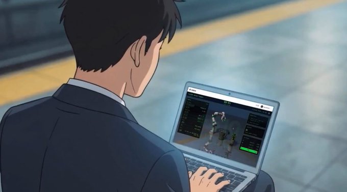 An anime-style illustration shows a man in a suit working on a laptop at what appears to be a train station platform, with the screen displaying a robotics simulation interface featuring humanoid robots and what looks like a green "RUN" button. The image visually reinforces the post's theme of Axis Robotics' iterative data engine, showing the human-in-the-loop process of collecting rollouts, training, and evaluating robotic models in action.