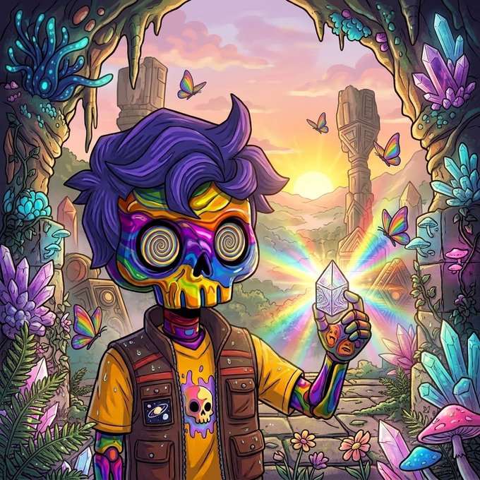 A colorful digital illustration of a character whose head is a rainbow-colored skull with swirly hypnotic eyes and purple hair, holding up a glowing crystal that emits a rainbow, set in a fantasy cave with crystals and butterflies.