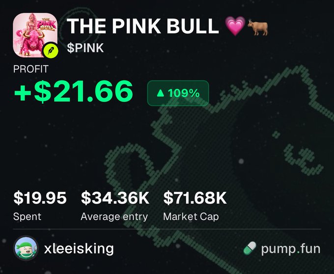 A cryptocurrency/trading dashboard screenshot showing 'THE PINK BULL 💖🐂' ($PINK) with a profit of +$21.66 (109% gain), spent $19.95, average entry $34.36K, and market cap $71.68K on pump.fun.