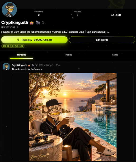 A screenshot of the X (formerly Twitter) profile page for "Cryptking.eth" (@Cryptking_1), showing 2 followers, 0 holders, and 46,400 X views, features a post captioned "Time to cook for Influence" with an AI-generated image of a gold-toothed monkey character lounging by a sunset infinity pool, promoting the Influence Family SocialFi platform launching on Robinhood Chain.