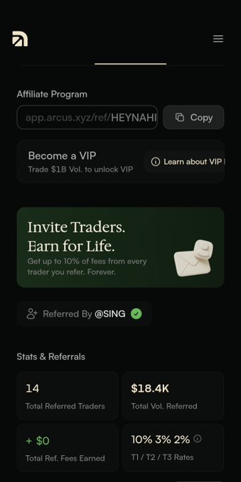 A screenshot of an affiliate program dashboard on app.arcus.xyz showing a referral link, stats including 14 referred traders, $18.4K total volume, and a 'Referred By @SING' tag.