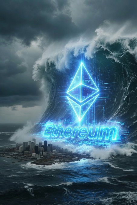 A dramatic digital artwork depicts a massive tidal wave crashing toward a city skyline, with a glowing blue Ethereum logo and the word "Ethereum" overlaid in the center.