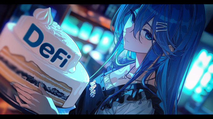 An anime-style illustration of a blue-haired female character in a futuristic cyberpunk setting, holding a cake labeled 'DeFi'.