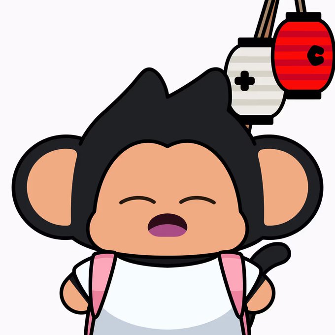 A cheerful chibi-style monkey character with a wide smile, closed eyes, and large ears appears alongside two hanging Japanese lanterns (one white and one red), likely representing NFT artwork from the "Chimpers" collection. The accompanying text announces a sale of "Makijirou" for 0.6340 ETH, fitting the playful, cartoonish aesthetic of the Chimpers NFT project.