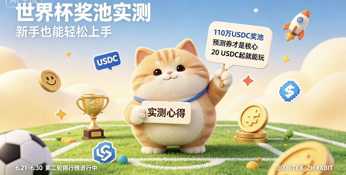 A cute cartoon cat holding a sign about the 1.1 million USDC prize pool, with text highlighting "110万USDC奖池," "预算券才是核心," and "20USDC起就能玩," promoting the World Cup event running from 6.21 to 6.30 with 5000 USDC prize pools for both perpetual and prediction categories, matching the @XBITDEX promotional post.