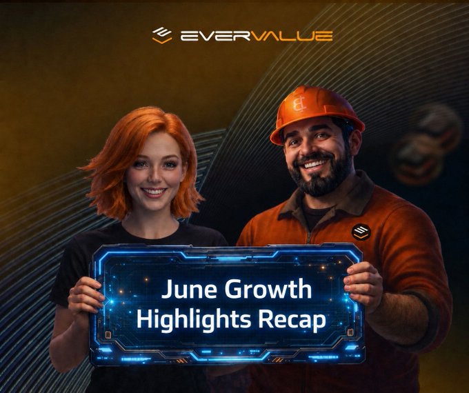 An EverValue promotional image titled "June Growth Highlights Recap" featuring a red-haired woman and a bearded man in an orange hard hat holding a futuristic blue digital display, with the EverValue logo at the top.