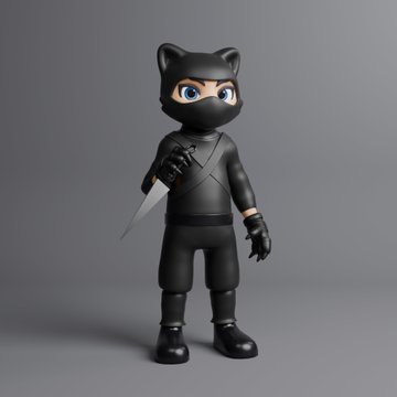 A 3D render of a small, stylized figure dressed in a black ninja costume, complete with a cat-eared hood and a small blade.