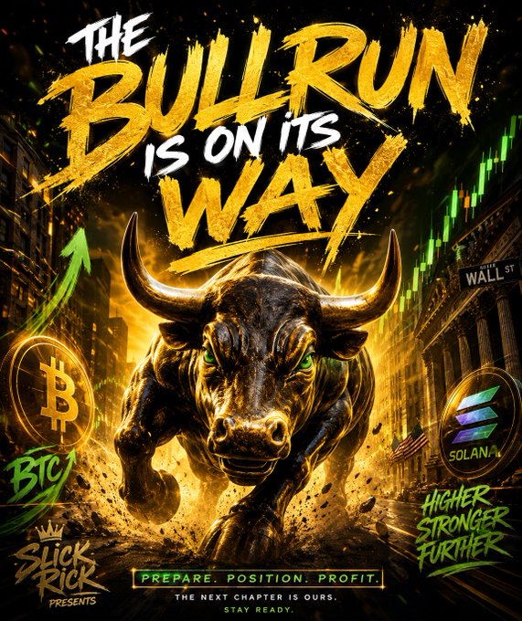 A promotional poster titled "THE BULLRUN IS ON ITS WAY" featuring a charging bull with Bitcoin and Solana logos, presented by Slick Rick with the tagline "PREPARE. POSITION. PROFIT."