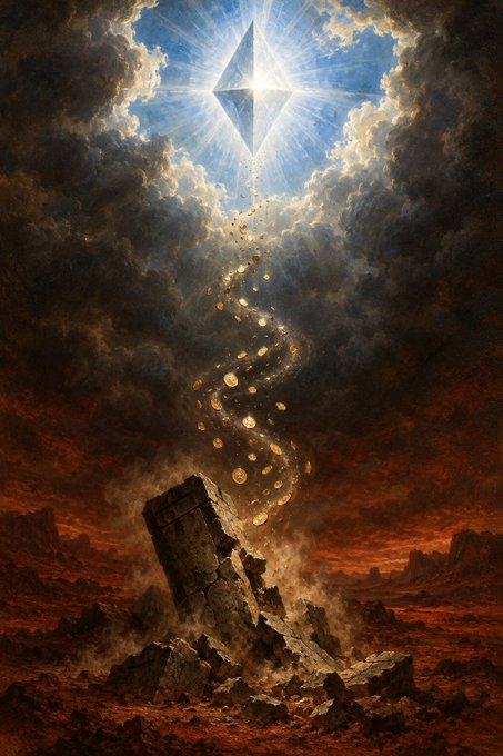 A dramatic fantasy artwork depicts a glowing diamond-shaped celestial object shining through dark clouds, sending a stream of golden coins spiraling down toward a rocky, reddish wasteland below.