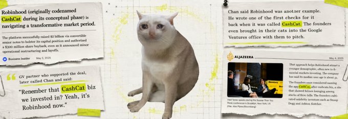 A collage of news articles and tweets about Robinhood rebranding to 'CashCat,' featuring headlines like 'Robinhood (originally codenamed CashCat during its conceptual phase) is navigating a transformative market period' and an image of a smirking cat in the center.