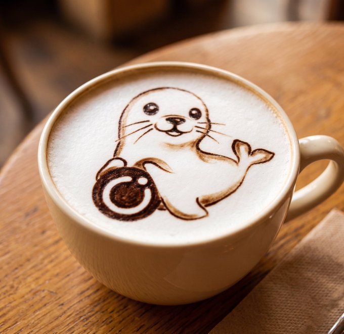 A cappuccino in a white ceramic mug features latte art of a cute seal character with whiskers and a tail, sitting on a wooden table.